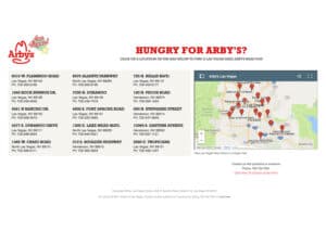 Arby’s Restaurants website. A screenshot of a web page for an Arby's restaurant franchise group with a simple red Arby's logo, a list of locations and a small map with map pins over the Las Vegas metropolitan area. Resting above everything in a big, blocky red font is the headline "Hungry for Arby's?"