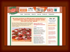 Bacci Pizza website. A screenshot of a website for a fast food pizza chain shows a red brick background, a photo of a New York style pizza and some menu and ordering links in various Italian colors (red, white and green) throughout the rest of the page
