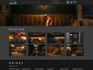 Bar Deville website. A screenshot of a website for a chic urban tavern. The design theme is dark grey with white lettering on top and the content features a single photo of a man in his mid-twenties shooting pool in a stylishly-decorated room adorned with vintage couches and cushioned chairs with more photos of the interior of the hip, retro-modern bar seen below