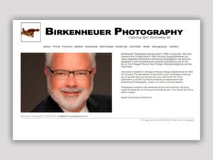 Birkenheuer Photography website. A screenshot of a website for a photographer in a clean white background, black text design shows a sample portrait image of a professional-looking, middle-aged man taken in a professional studio setting. Some copy is seen to the side below the title Birkenheuer Photography with the motto "Capturing light. Illuminating life."