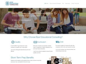 Byer Educational Consulting website. A screenshot of a website for a tutor company shows a simple white layout with blue characters and a masthead photo of high school-age students reading books and working on their laptops in an outdoor setting