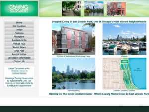 Deming on the Green Condominiums Website website. A screenshot of website for a real estate development done in a bright green, and silver grey motif to convey its location near the large Lincoln Park area of Chicago. Various photos of the Lincoln Park neighborhood and a view of downtown Chicago are in the top bar and some more photos of the area including of the harbor nearby are seen below in the center area
