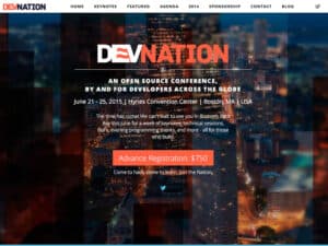 DevNation 2014 website. A screenshot of website for a technology conference. The top navigation bar shows a blue and orange emblem with navigation links in a dark blue font and below that a large masthead photo of a vista of downtown San Francisco at night with the word "DevNation" and some conference information in large orange and white letters overlaid on top