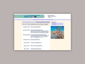 FOTA website. A screenshot of a page in a website for an arts organization showing the title "Exhibitions" in a colorful, mixed font in the top left and a list of bullets and and copy below with a single image of a nature painting set to the right