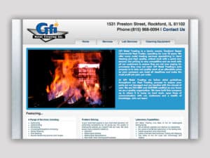 GFI Metal Treating website. A screenshot of a website for an industrial heat-treating company that has a metallic, grey design motif with an image of an industrial furnace billowing flames out on racks of metal objects