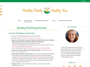 Healthy Family Healthy You website. A screenshot of a website dedicated to healthy eating shows a clean, white design with green and yellow accents, a casual font for the logo with an emblem depicting a stylized outline of a woman dancing with hearts and birds, and some basic info copy below