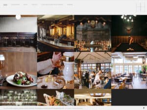 Heisler Hospitality website. A screenshot from a website for a restaurant and bar group shows a group of square photos of various establishments in a grid layout. Each bar or restaurant shown has a rustic yet modern feel