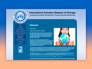 International Volunteer Network of Chicago website. A screenshot of a basic website with blue and light orange background and a simple, blue on white color scheme. A photo of a young woman holding a globe is seen on the page
