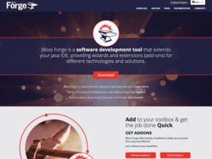 JBoss Forge website. A screenshot of a technology website that shows an image of sparks flying out of a metal forge with the stylized emblem of an anvil and sparks in the center and some text in cool greys and blues with red accents and a modern look