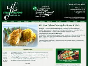 Ki’s Steak and Seafood website. A screenshot of a web page in a site for a classic suburban restaurant serving old-style menu dishes that would be found in a supper club. The motif is one of a steakhouse from the 1960's with fonts and coloring meant to convey an old style feel
