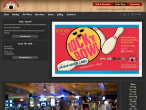 Lincoln Square Lanes website. A screenshot of a web page for an old-school bowling alley with a nav bar that has a wood panel background meant to resemble the waxed wood lanes at a bowling alley, links and headings in a retro-looking handwriting font and a large ad for a "Rock 'n' Bowl" special event