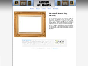 National Art Leasing website. A screenshot of a website for an art consultancy shows an navigation bar with some classic framed paintings against a blue background and below that an empty picture frame with some copy to the left