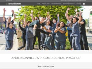 Northside Dental website. A screenshot of a website for a dental office shows a short navigation bar over a large photo of the dentistry's staff, all clad in blue-grey medical garb, smiling and jumping up in the air outdoors on a city street on a sunny day