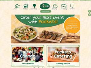 Pockets Restaurants website. A screenshot of a website for a sandwich store. A pattern of tree leaves and light tan makes the background with some stylistic drawings of icons for menu items is seen in green in the foreground, the logo "Pockets Restaurants" and a photo of an assortment of sandwiches and salads over some links to various website pages
