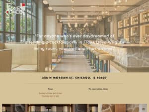 Prairie School website. A screenshot of a website for a Chicago bar & lounge. The main content is a large photo of a modern bar with a design intended to match the 1940's modernist architecture of Frank Lloyd Wright, complete with old, spherical lights, tan-cushioned bar stools and table booths and a natural stone finish bar with wood shelves. The logo "Prairie School" in a retro font is in the upper left. The middle of the masthead photo is overlaid with the quote "For anyone who's ever daydreamed of attending a cocktail party in Frank Lloyd Wright's living room, your invitation has arrived" with the citation source noted as Chicago Magazine