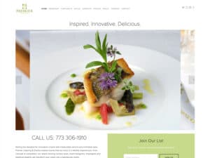 Premier Catering and Events website. A screenshot of a page of a catering website. A small green logo with some stylized imagery of a fork and knife is seen in the upper left with an image carousel just below it showing a bright-lit, colorful photo of an entree presented on a clean white dish and white tablecloth