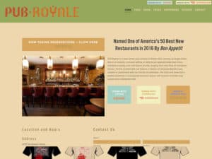 Pub Royale website. A screenshot of a website for a lounge and diner with a colorful, classic logo in red and orange for the name "Pub Royale". The motif of the website conveys India's British colonial era so the color scheme is soft greens, tans, and oranges. The only visible photos is of a stylish bar with cushioned stools and an old-fashioned motorcycle suspended over a wall to the side.