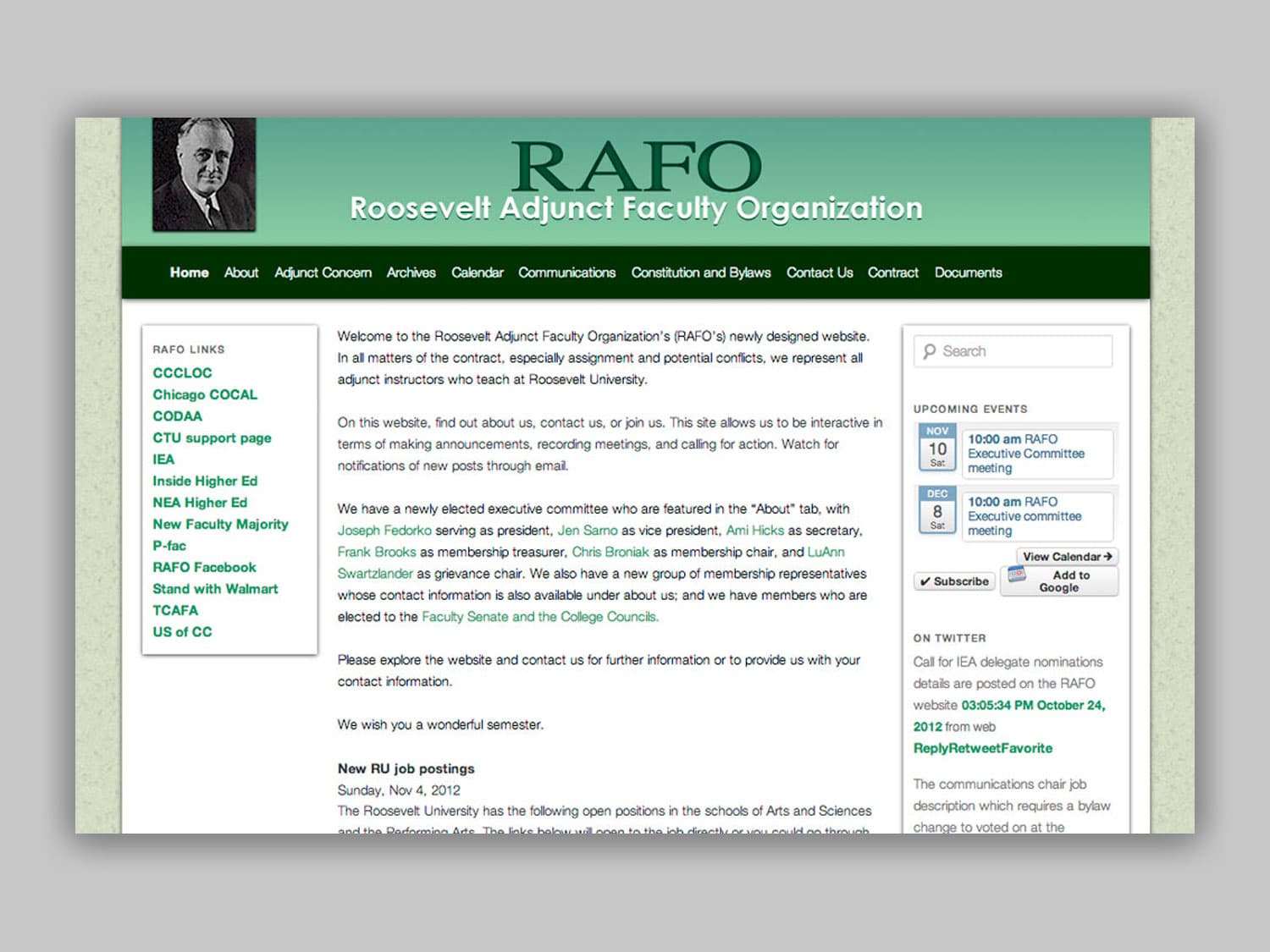 A screenshot of a website for an educational organization. In the upper-left is a photo of Franklin D. Roosevelt in his late sixties wearing a suit. Next to that is the organization logo "R.A.F.O." and the page contents are mostly text grey text with some links to the side in green writing