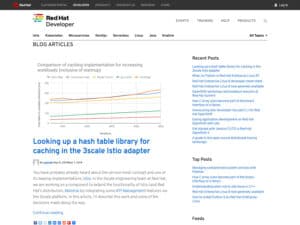 Red Hat Developer website. A screenshot of a website for tech with a simple black navigation bar, the logo for Red Hat and its signature, stylized graphic of a red fedora hat, some links in white, sans-serif font and below that the logo for Red Hat Developer in the upper left, some additional links in black text, and an article that shows some type of technical information in a multi-colored line graph