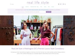 Real Life Style website. A screenshot of a website for women's style consultancy. The design is clean with a white background and bright, pastel-like lavender and blue for headings, the logo "Real Life Style" and some assorted navigation content and a "subscribe" bar. The main photo is of two women in in stylish, business-casual outfits seen standing in a chic, modern clothing boutique