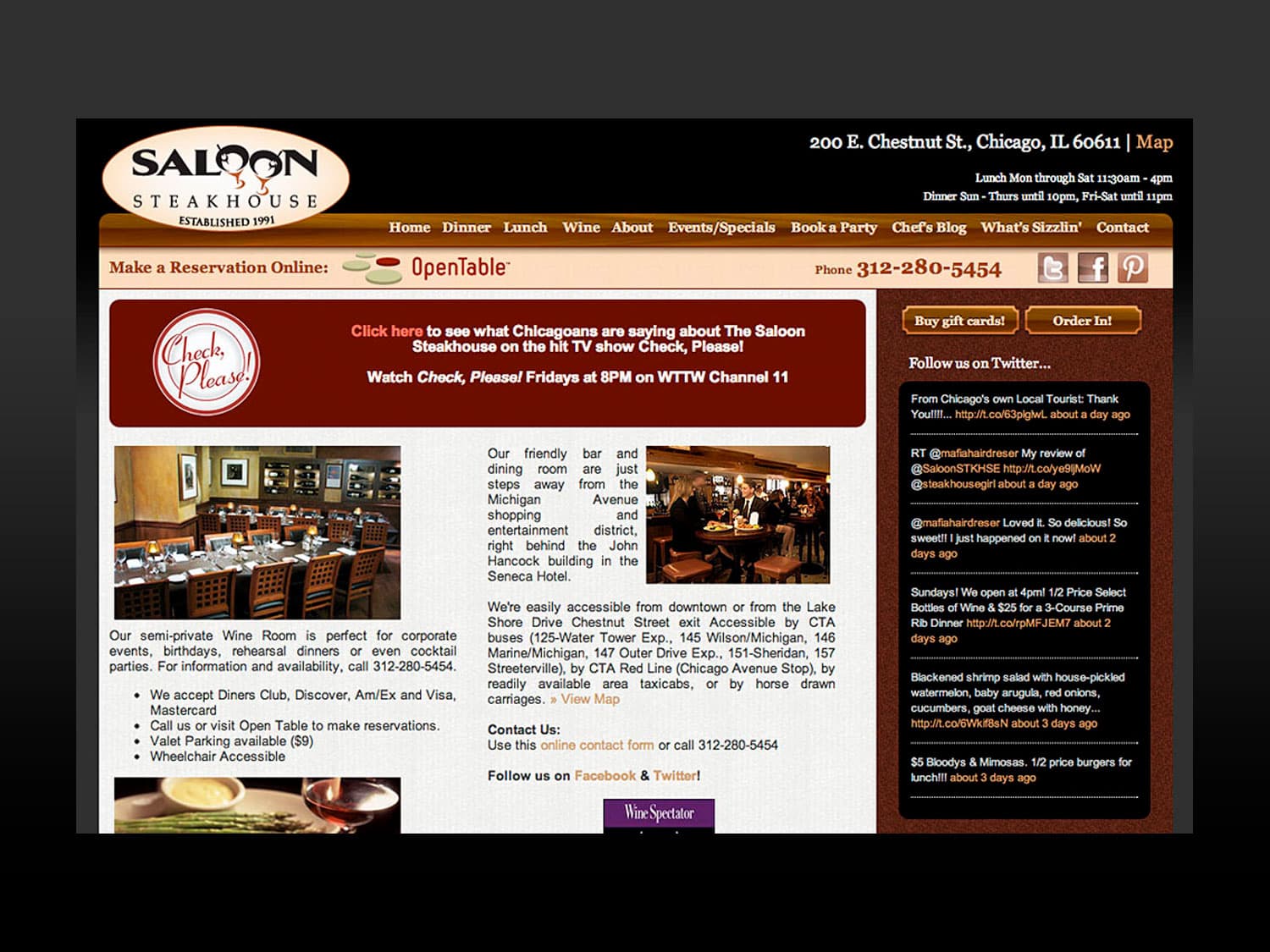 A screenshot of a website for a Chicago steakhouse has a design scheme with blacks, maroons and a wood finishes to convey the appearance of an upscale, white tablecloth restaurant. Some photos of steaks, dinner entrees and the restaurant's interior are seen with copy throughout the page. The logo in the upper-left is an oval shape with the words "Saloon Steakhouse, Established 1991" in which the two o's in Saloon are also the tops of two round martini glasses
