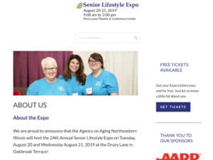 Senior Lifestyle Expo website. A screenshot of a simple event website. The blue logo for "Senior Lifestyle Expo" is seen over some basic link and copy information, the logo for AARP and a photos of three women in blue t-shirts