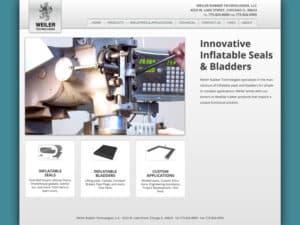 Weiler Technologies website. A screenshot of a website with a grey, steel-like design scheme and showing industrial devices, an array of links with images of small manufacturing parts, and the heading "Innovative Inflatable Seals and Bladders"
