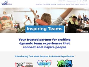 Corporate Event Interactive website. Screenshot of a website. A mostly white page with clean styling has blue and purple fonts and icons that convey a welcoming company. Some event logos and a still from a video with people at a team-building event is front and center in the page