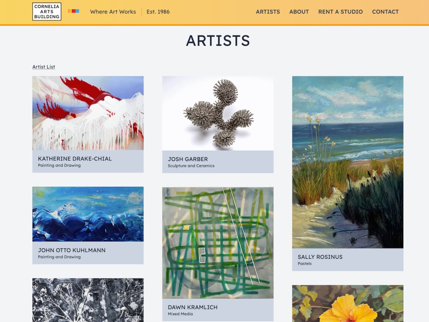 A website screen capture with the heading artists and tiles with artwork and artists' names. The works includes a variety of styles and the images are irregularly shaped. The header is gold with dark blue writing and a black and white logo