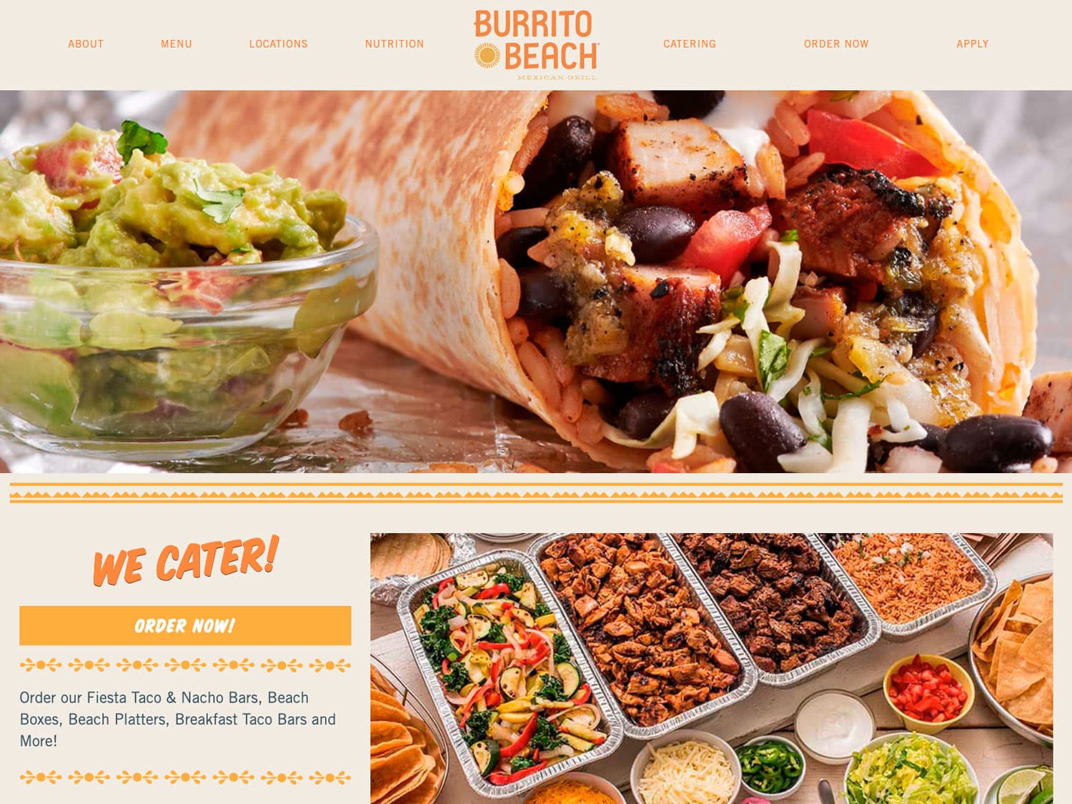 A screenshot of a website for a Mexican fast food chain shows a large photo of a burrito and trays of catered Mexican food with fonts in bright, modern colors and fonts meant to evoke the feel of a Mexican restaurant