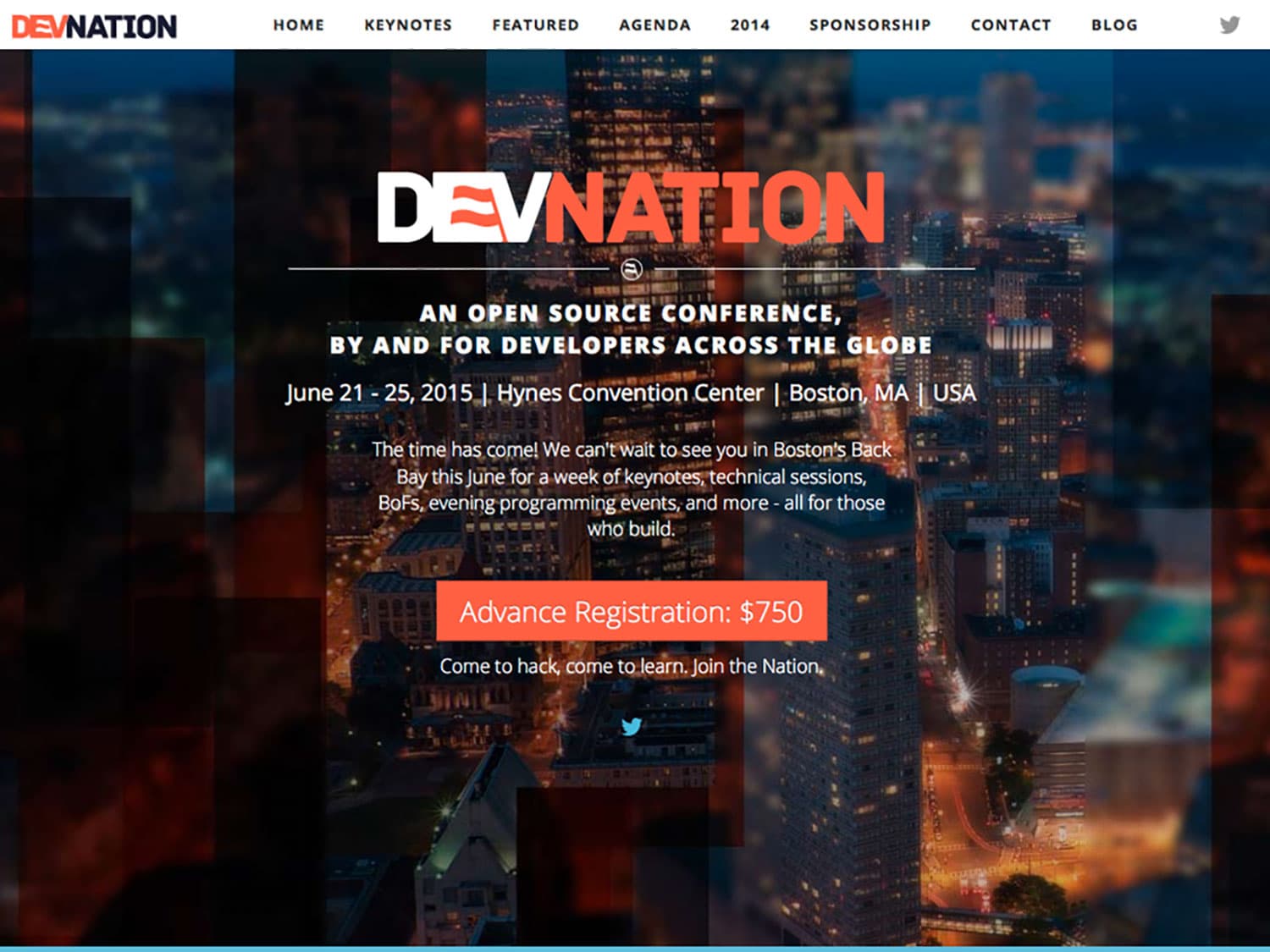 A screenshot of website for a technology conference. The top navigation bar shows a blue and orange emblem with navigation links in a dark blue font and below that a large masthead photo of a vista of downtown San Francisco at night with the word "DevNation" and some conference information in large orange and white letters overlaid on top