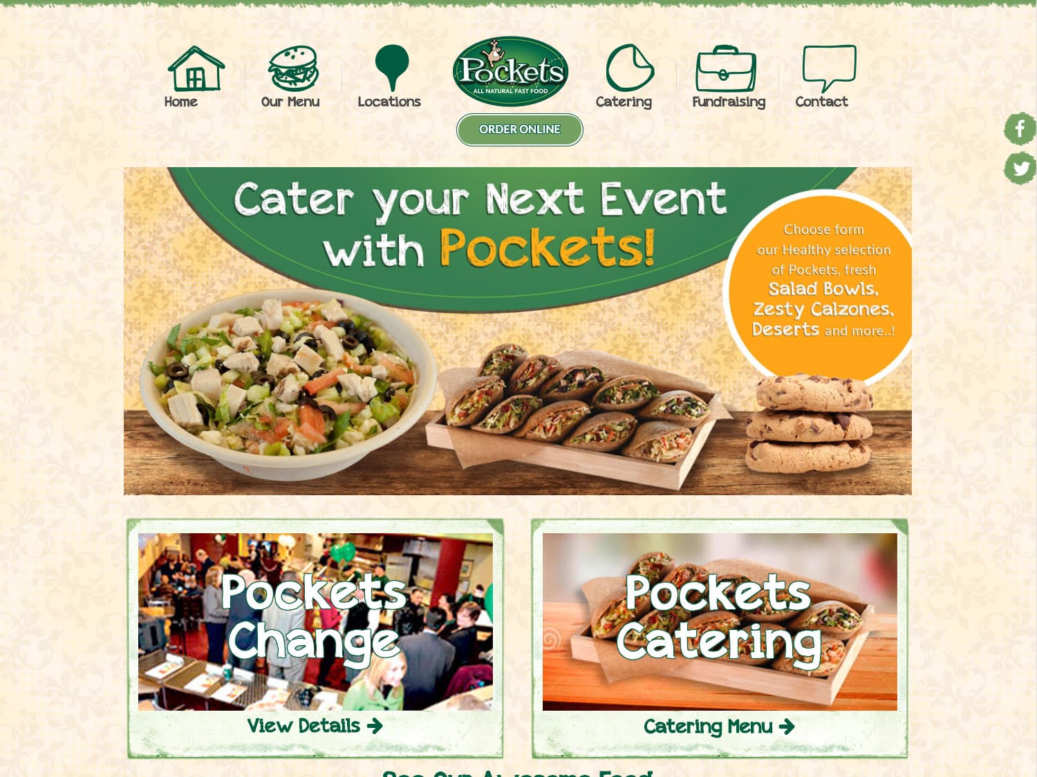 A screenshot of a website for a sandwich store. A pattern of tree leaves and light tan makes the background with some stylistic drawings of icons for menu items is seen in green in the foreground, the logo "Pockets Restaurants" and a photo of an assortment of sandwiches and salads over some links to various website pages