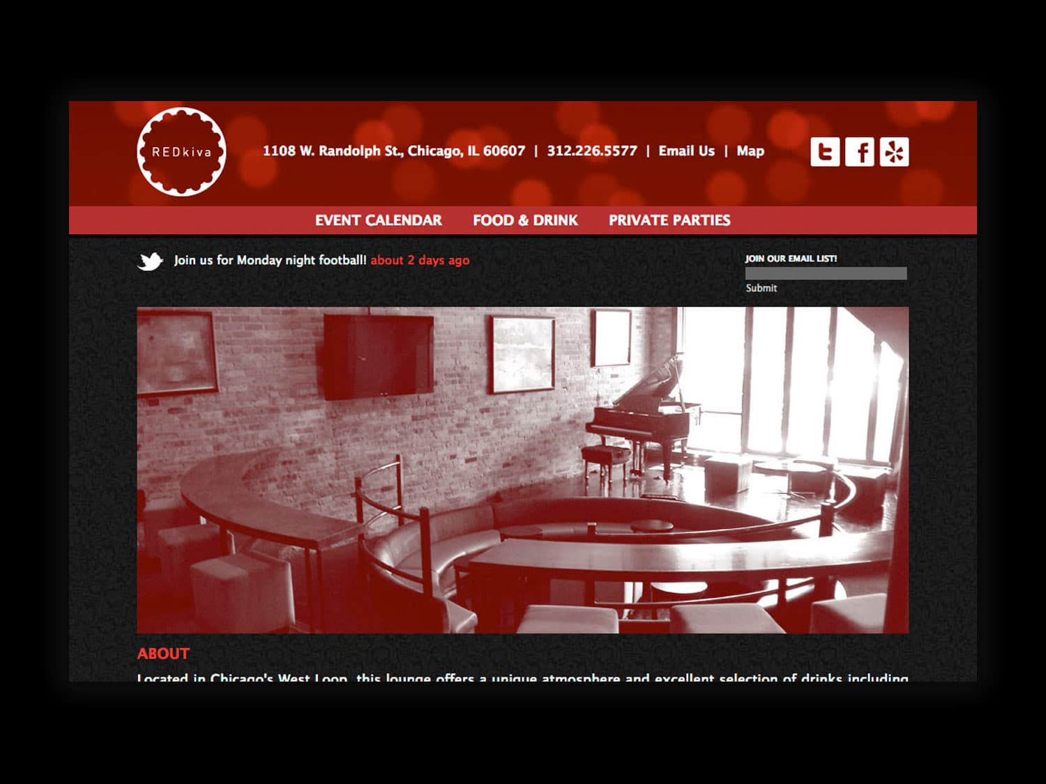 A screenshot of a website for a modern piano bar. A red navigation bar with a circular logo emblem with the words "Red Kiva" is in the upper-left, some links are seen to the right and below that a large, sepia-tone image of a modern jazz bar interior with a brick wall, small lounge stage and a grand piano situated on the stage